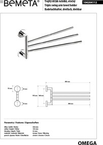 Bemeta Design OMEGA: Držiak uterákov, trojitý, otočný 450 mm - 104204112