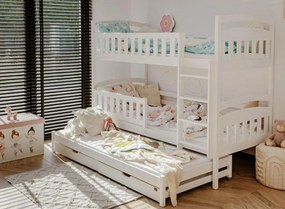 Detská poschodová posteľ z masívu borovice BOHDANA s prístelkou a šuplíky - 200x90 cm - BIELA
