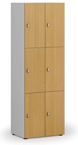 Drevená šatníková skrinka S4 s úložnými boxmi, 6 boxov, demont, otočný zámok, sivá/buk