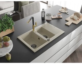 Mexen Gaspar, 1,5-komorový granitový drez 737x475x177 mm a drezová batéria Flora, béžová, 6507-69-670401-57-B
