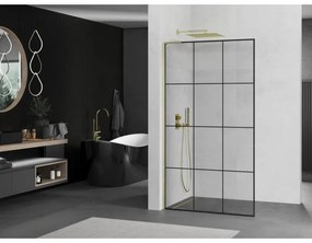Mexen Kioto L, sprchová zástena Walk-In 120 x 200 cm, 8mm číre sklo čierny vzor, zlatý matný profil, 800-120-103-55-77