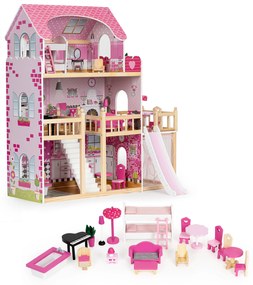Domček pre bábiky s terasou a šmykľavkou 18 dreveného nábytku ECOTOYS