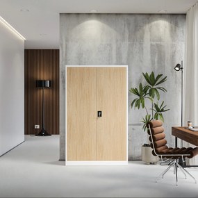 Kancelárska kovová skrinka na dokumenty JAN II, Eco Design: biela/dub sonoma