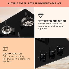 Klarstein Trifecta 3, plynová varná doska, 3 horáky, veľký, normálny a pomocný horák, sklokeramika