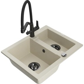 Mexen Carlos, 1,5-komorový granitový drez 582x475x177 mm a drezová batéria Duo, béžová, 6518-69-671701-70-B