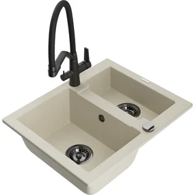 Mexen Carlos, 1,5-komorový granitový drez 582x475x177 mm a drezová batéria Duo, béžová, 6518-69-671701-70-B
