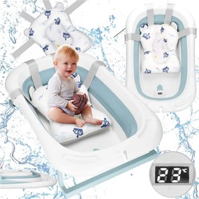 SPRINGOS Skladacia detská vanička 35 L pre bábätká, s teplomerom a vankúšikom, biela a modrá SB0063