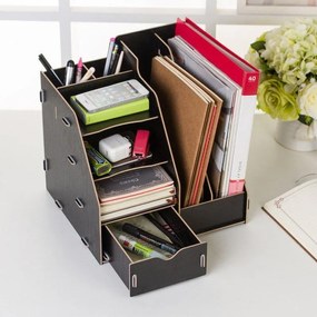 Drevený kancelársky organizér na dokumenty so 7 priehradkami a zásuvkou čierny DIY QS206 Čierna