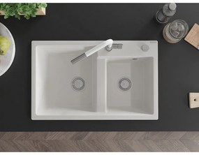 Mexen Tomas, 2-komorový granitový drez 800x500x190 mm a drezová batéria Flora, biela, 6516-20-670401-02