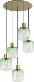 Hotelová elegantná závesná lampa mosadzná s modrým a zeleným sklom 5-svetiel - Qara