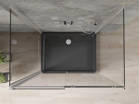 Mexen Omega, 3-stenový sprchovací kút s posuvnými dverami 110 (dvere) x 100 (stena) x 190 cm, 8mm číre sklo, chrómový profil + čierna sprchová vanička SLIM, 825-110-100-01-00-3S-4070