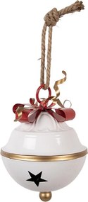 Biela kovová závesná rolnička s červenou mašľou - Ø 16*22 cm