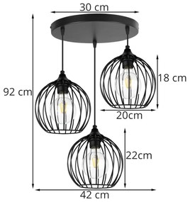 Závesné svietidlo TORONTO, 3x čierne drôtené tienidlo, O