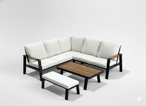 Garden Line SÚPRAVA HLINÍKOVÉHO NÁBYTKU PRISHTINA (ROHOVÁ SEDACIA SÚPRAVA + LAVICA + STÔL) ČIERNE + BEŽOVÉ VANKÚŠE