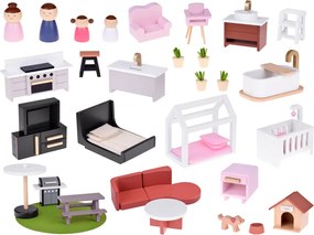 JOKOMISIADA Moderný drevený domček pre bábiky v štýle LOFT + bábiky a nábytok ZA5073