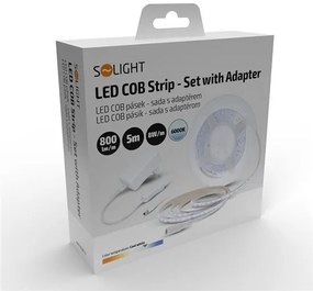 SOLIGHT COB LED pásik, sada s adaptérom, vypínač, 5m, 8W/m, 800lm/m, denná modrá