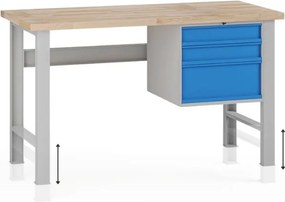 Výškovo nastaviteľný dielenský stôl G7, buková škárovka, 1500 x 685 x 840-1040 mm, 1x kontajner, 3 zásuvky, modrá