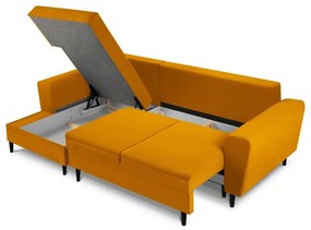 Menčestrová rozkladacia/s úložným priestorom rohová pohovka v horčicovej farbe (ľavý roh/s leňoškou) Kyoto – Cosmopolitan Design