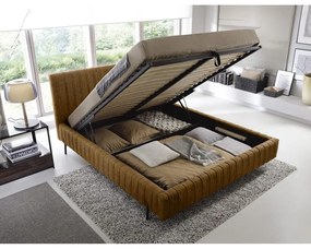 Okrovožltá čalúnená dvojlôžková posteľ s úložným priestorom s roštom 160x200 cm Plissa – ELTAP