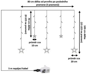 VOLTRONIC Vianočný záves, 5 hviezd, 61 LED, farebný, ovládač