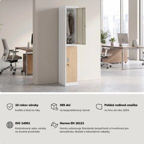 Šatníková skriňa BHP, zamestnanecká, jednotlivá, 2 priehradky s tyčou, biela/dub sonoma, 316,5x1850x450 mm: IGOR 1 Plus Eco Design