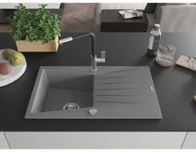 Mexen Cesar, 1-komorový granitový drez 775x470x190 mm a drezová batéria Flora, šedá, 6514-71-670401-07