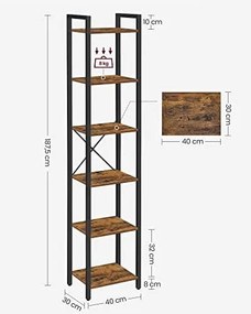 Regál TAYLOR hnedý s čiernou konštrukciou, 6 políc