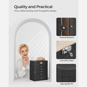 6-úrovňová šperkovnica so zrkadlom a sponou, 5 zásuvkami, čierna