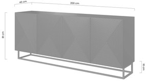 Komoda Asha 200 cm na čiernom podstavci - biely mat
