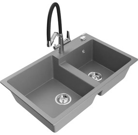 Mexen Tomas, 2-komorový granitový drez 800x500x190 mm a kuchynská batéria Duo, šedá, 6516-71-671701-07