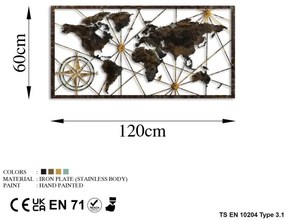 Nástenná dekorácia 120x60 cm mapa sveta kov