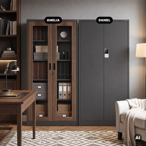 Kovová skriňa s vitrínou antracitová, orech, 900x1850x400 mm: AMELIA Eco Design