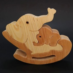AMADEA Drevené puzzle hojdací slon, masívne drevo dvoch druhov drevín, 14x12,5x3 cm