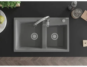 Mexen Tomas, granitový drez 800x500x190 mm, 2-komorový a drezová batéria Savita, šedá, 6516-71-672601-00