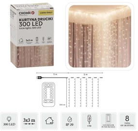 Svetelná záclona 300 LED 3x3m USB Teplá biela