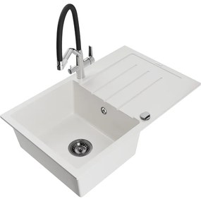 Mexen Bruno, 1-komorový granitový drez 795x495x200 mm a drezová batéria Duo, biela, 6513-20-671701-07-B