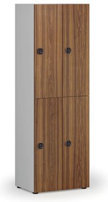 Drevená šatníková skrinka S4 s úložnými boxmi, 4 boxy, demont, kódový zámok, sivá/orech