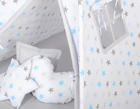 Bobono Stan Teepee pre deti + podložka na hranie + ozdobné perie - Sivá-blau hviezdy/sivá