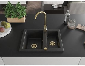 Mexen Carlos, granitový drez 582x475x177 mm, 1,5-komorový a zlatá drezová batéria Telma, čierna - strieborná metalíza, 6518-73-670200-50