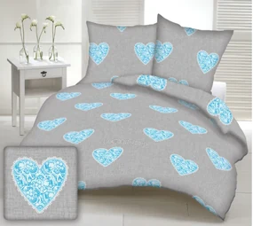 Obliečky bavlnené Love modré TiaHome - 1x Vankúš 90x70cm, 1x Paplón 140x200cm