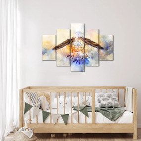 Obraz - Lapač snov s pierkami (150x105 cm)
