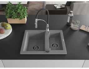 Mexen Carlos, 1,5-komorový granitový drez 582x475x177 mm a drezová batéria Aster, šedá, 6518-71-73450-07-B
