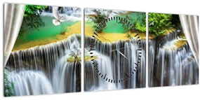 Obraz - Výhľad na kúzelné vodopády (s hodinami) (90x30 cm)