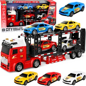 LEAN Toys Nákladné auto Lora Transporter s odťahovkou pre 4 autá, svetlá a zvuky