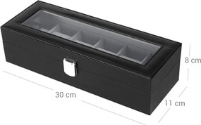 Box na hodinky so skleneným vekom, so 6 priehradkami, čierny