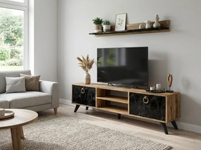 TV stolík ZEN 160 cm s nástennou poličkou, dekor orech/čierny mramor