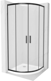 Mexen Rio, štvrťkruhový sprchovací kút s posuvnými dverami 90(dvere) x 90(dvere) x 190 cm, 6mm sklo námraza, čierny profil + biela sprchová vanička SLIM, 863-090-090-70-30-4110B