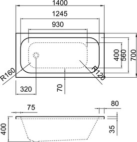Erga Pureline-O, vaňa 1400x700x400 mm bez nožičiek, biela lesklá, ERG-V07-PURELINE-O-140x070-WH