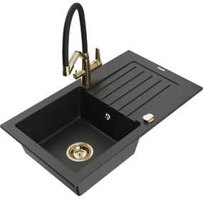 Mexen Pablo, granitový drez 752x436x161 mm, 1-komorový a drezová batéria Duo, čierna-zlatá metalíza, 6510-75-671701-57-G