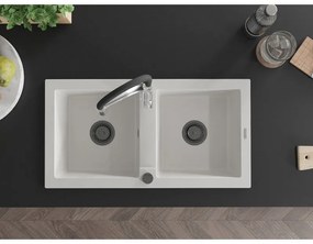 Mexen Mario, granitový drez 820x436x161 mm, 2-komorový a drezová batéria Aster, biela, 6504-20-73450-07-B